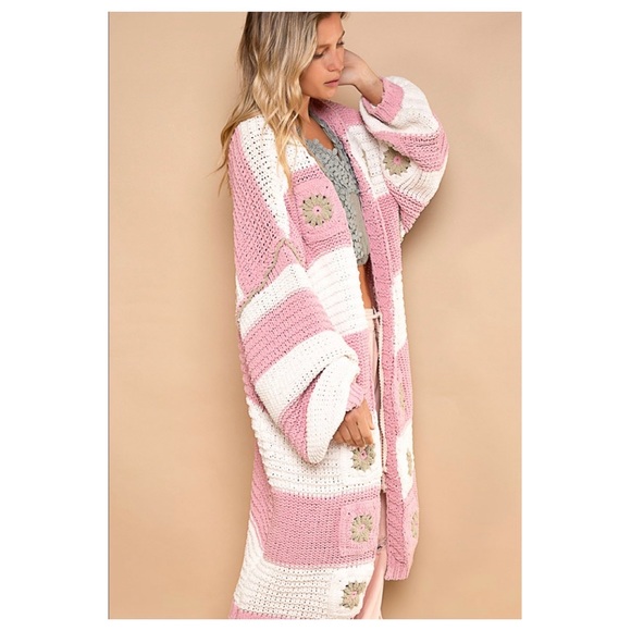 $55 start ❤️POL hand knit square patch striped long chenille cardigan sweater - Picture 3 of 4